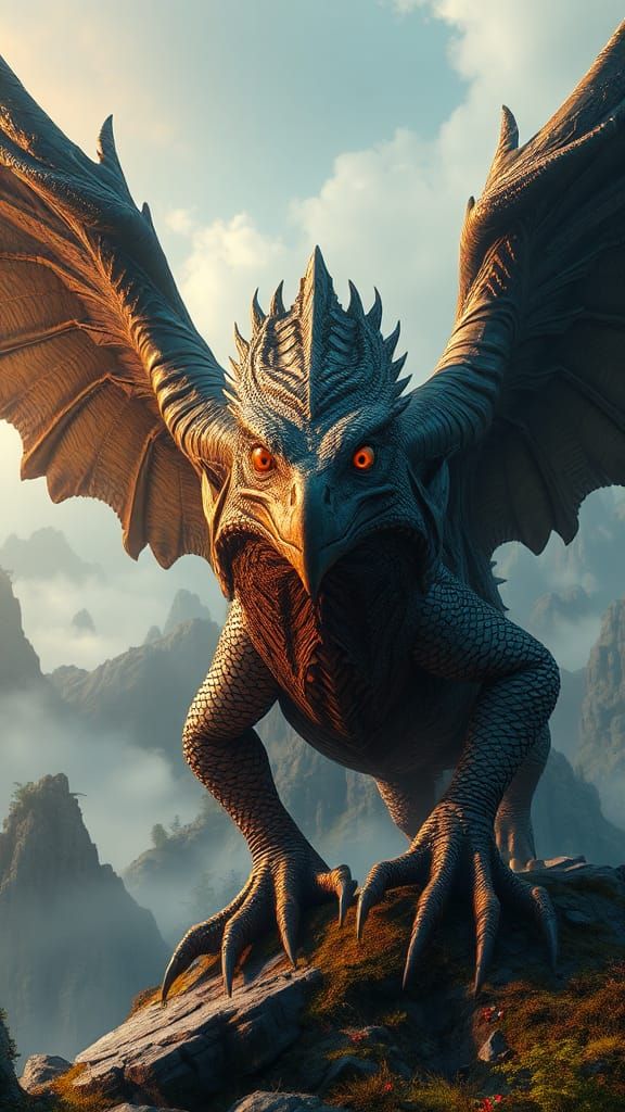 Eagle-Lizard Hybrid in Fantasy Sci-Fi Landscape