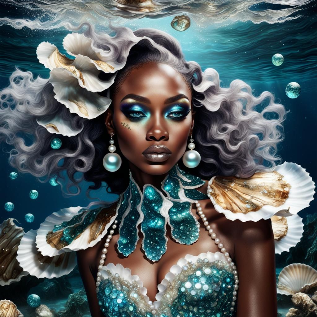 African American Mermaid in Underwater Grotto