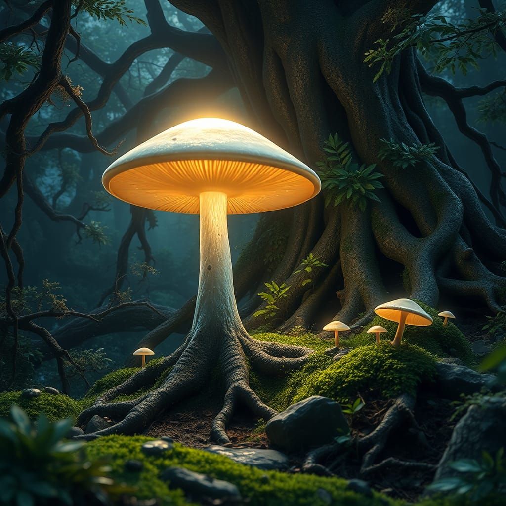 Luminescent Mushroom in Primeval Forest