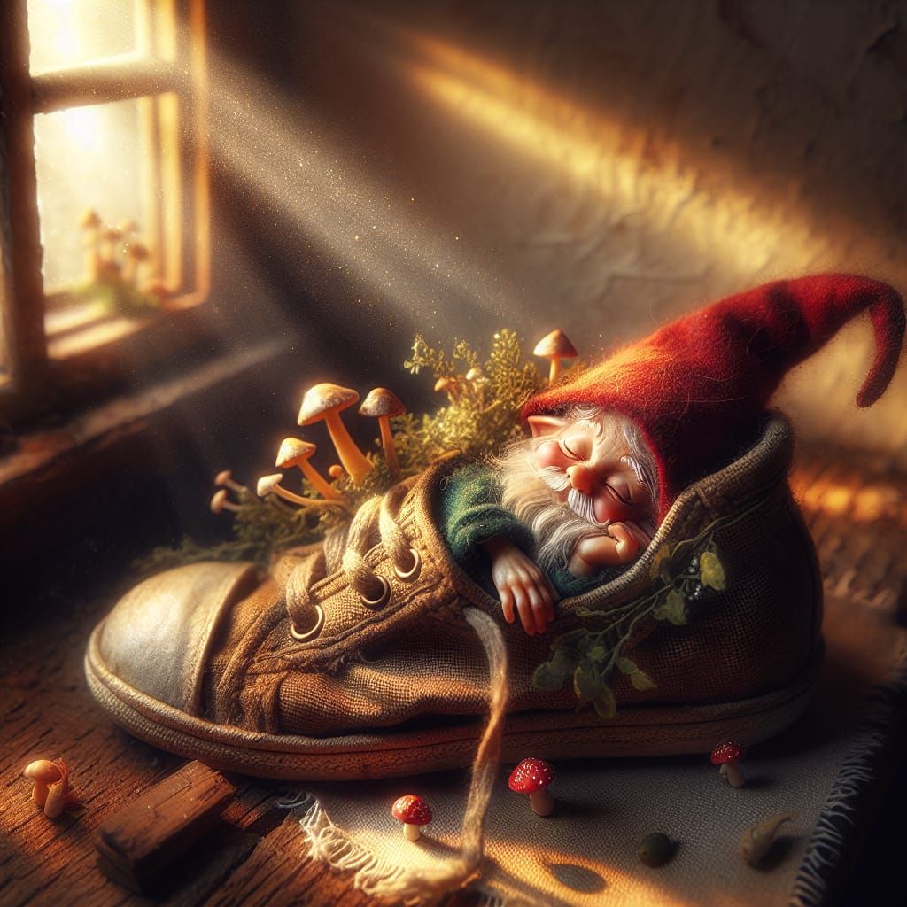 Charming Gnome Sleeps in Vintage Shoe Under Gentle Moonlight