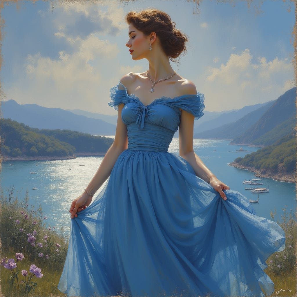 Frightened Woman Caught in Storm, Impressionistic Style