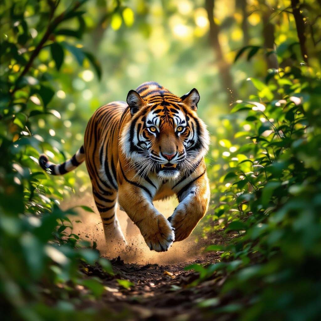 Bengal Tiger Leaping Through Sun-Dappled Jungle