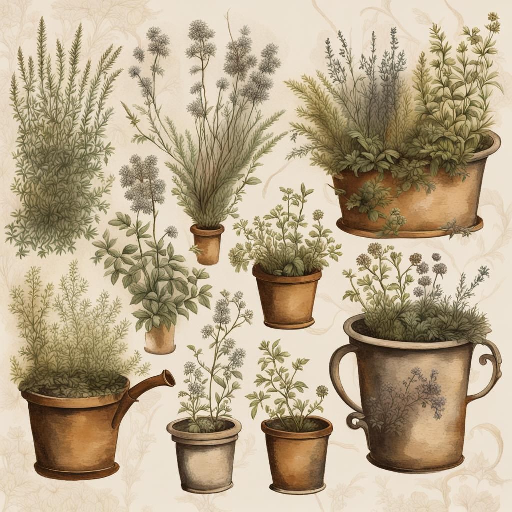 Vintage Herb Garden Collage in Alcohol Ink Style