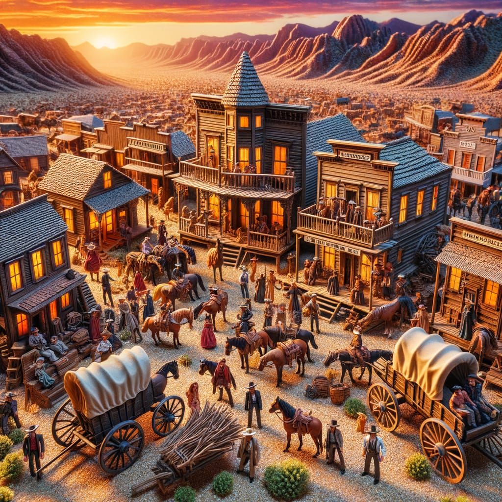 Microscopic Western Town Inside Covered Wagon at Sunset