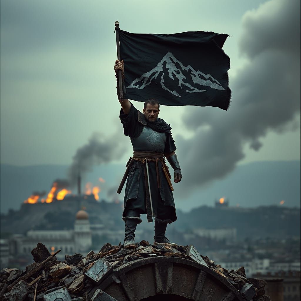Epic Medieval Soldier Unfurls Tattered Banner Amidst Ruins