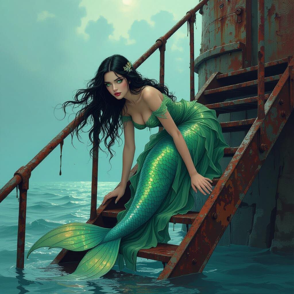 Iridescent Mermaid Ascends Flooded Lighthouse Steps