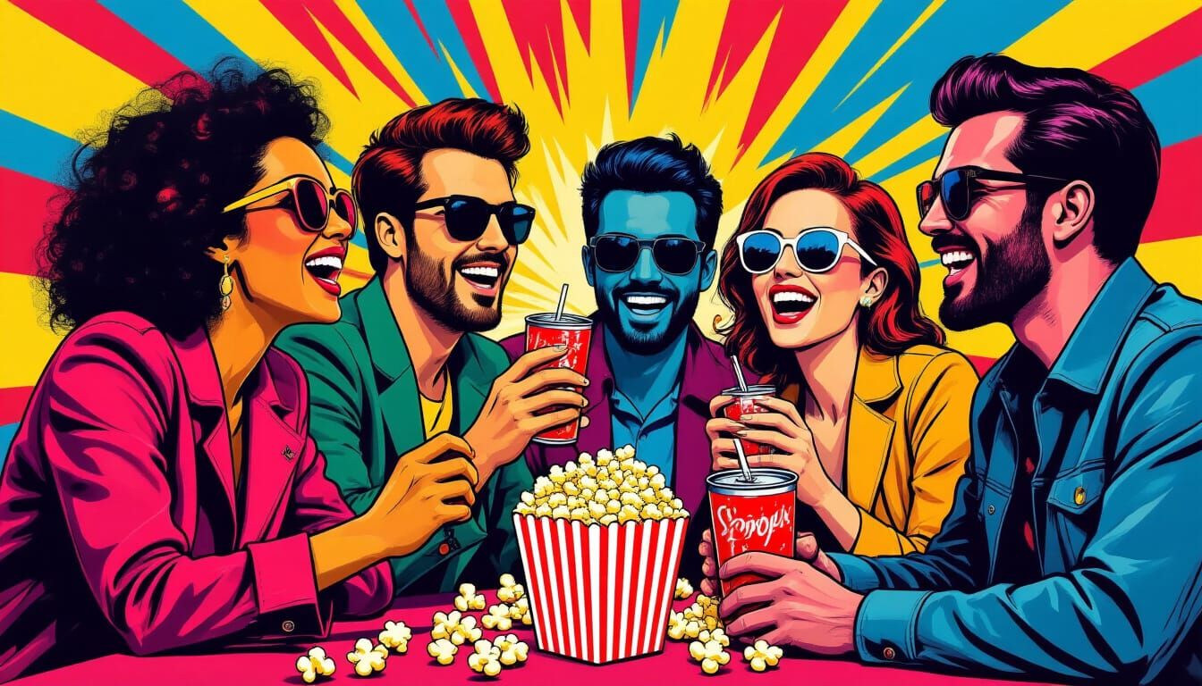 Pop Art Illustration of Diverse People Enjoying Popcorn