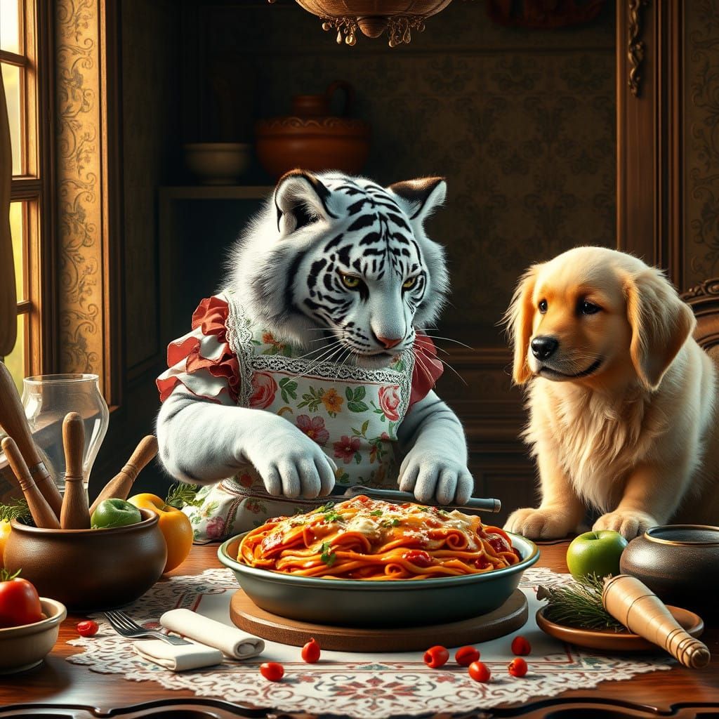 Whimsical Kitchen Scene with Tiger, Dog, and Cat