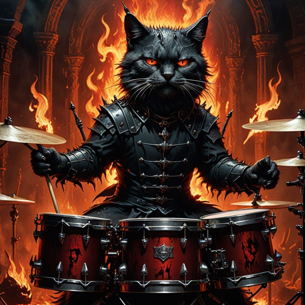 Gothic Cat Drummer in Dark Fantasy Style