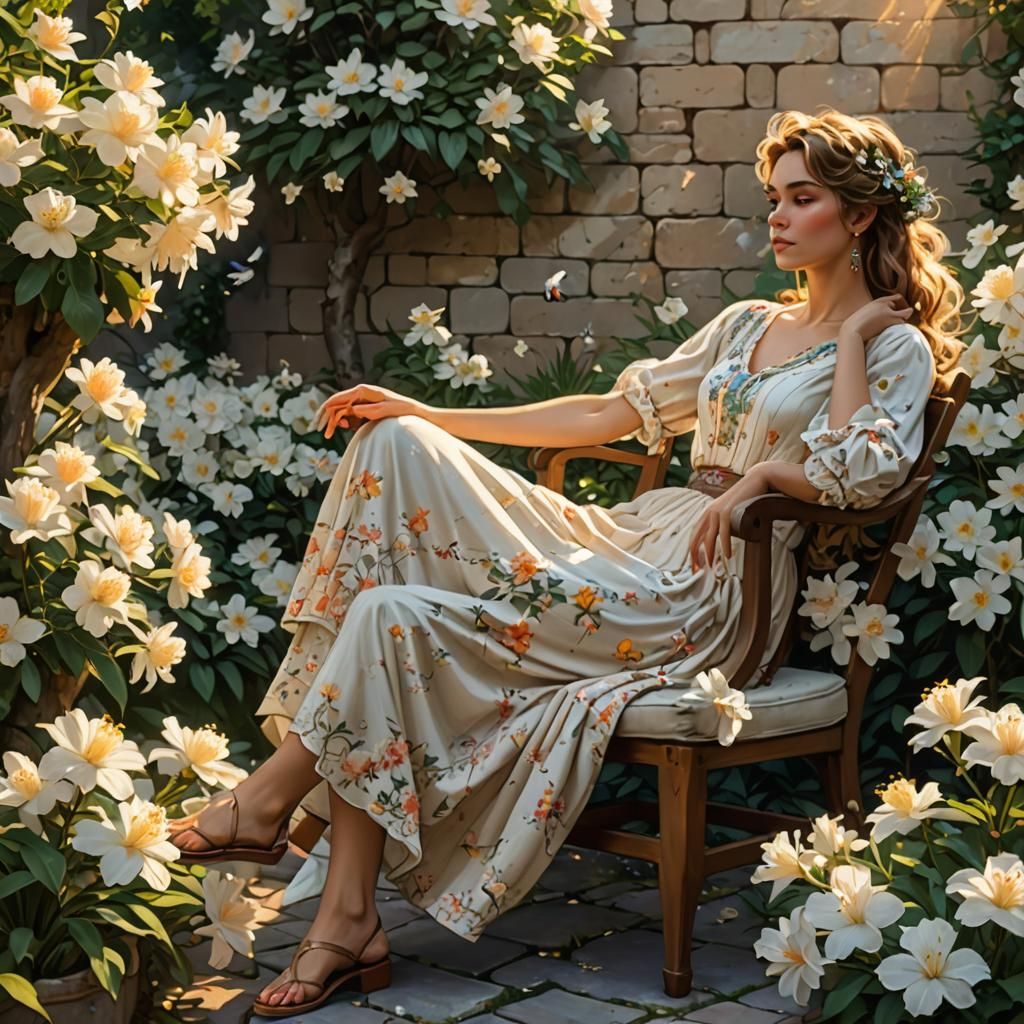 Woman in Summer Dress at Sunset, Hyperdetailed Art