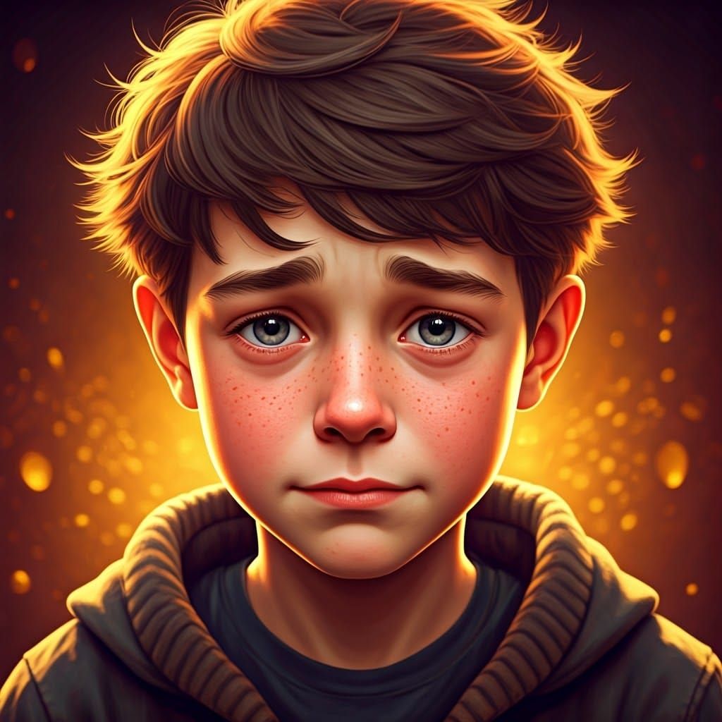 Boy with Tear-Stained Face in Golden Light