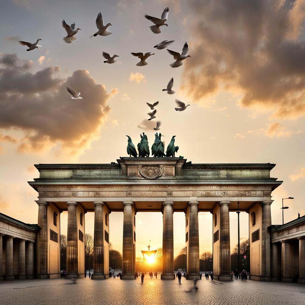 Doves Fly Over Brandenburg Gate at Sunset