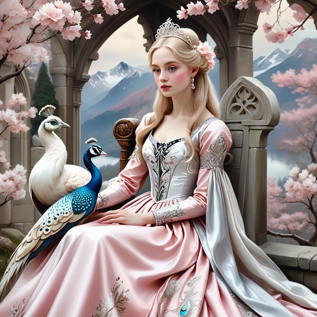 Medieval Princess with Peacock: Pre-Raphaelite Matte Paintin...