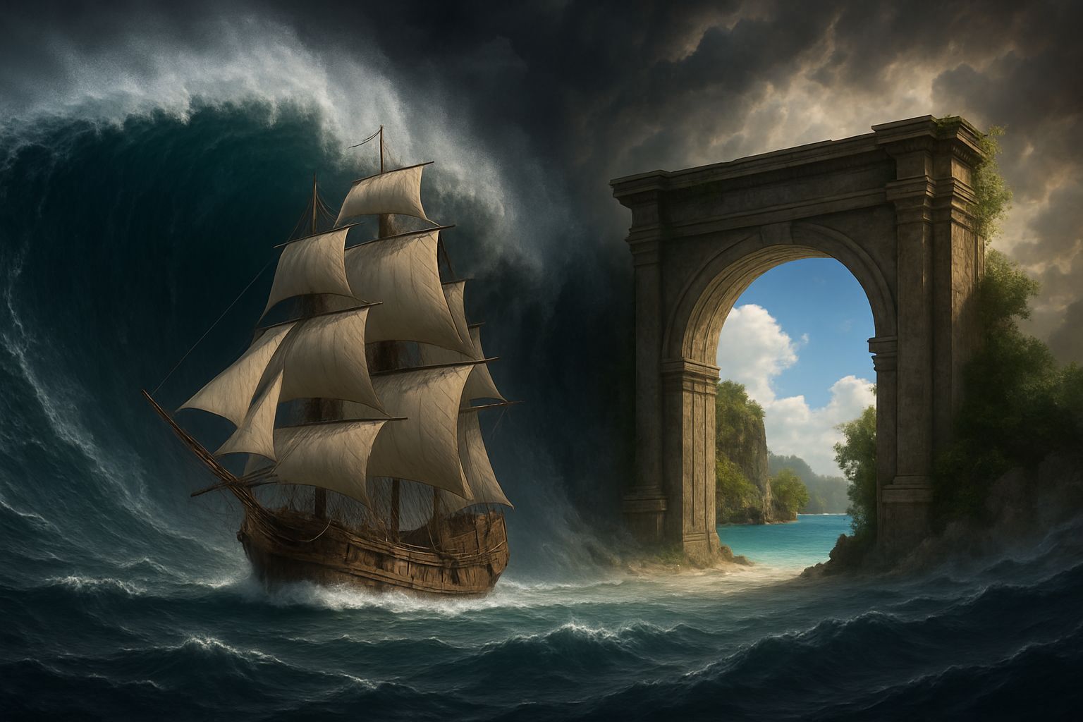 Sailing Ship Races Tsunami Toward Portal