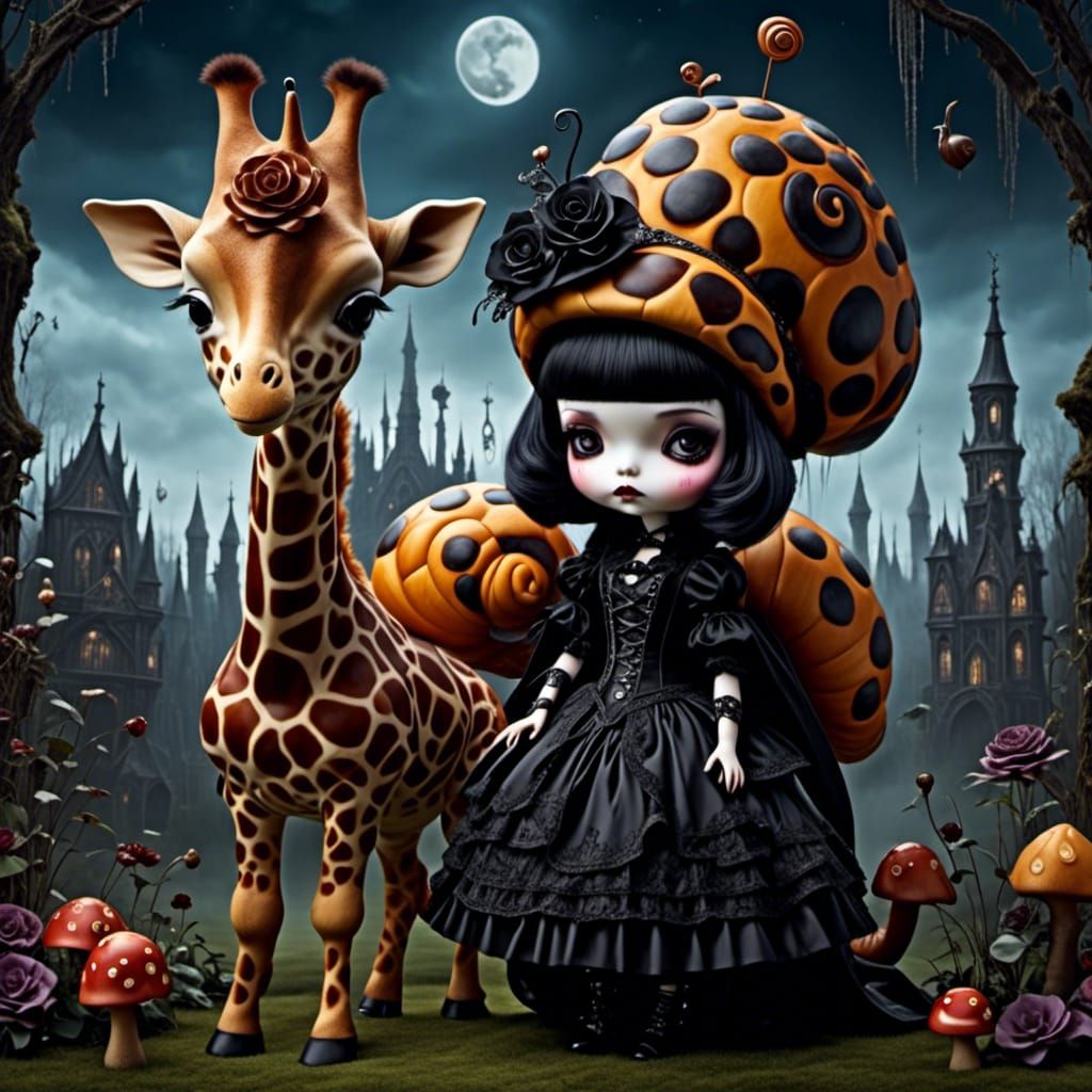<lora:Whimsical Gothic:1.0> <lora:Dark Fantasy Dolls:1.0> Little Grumpy chibi Gothic Girl with her snail giraffe and a s...
