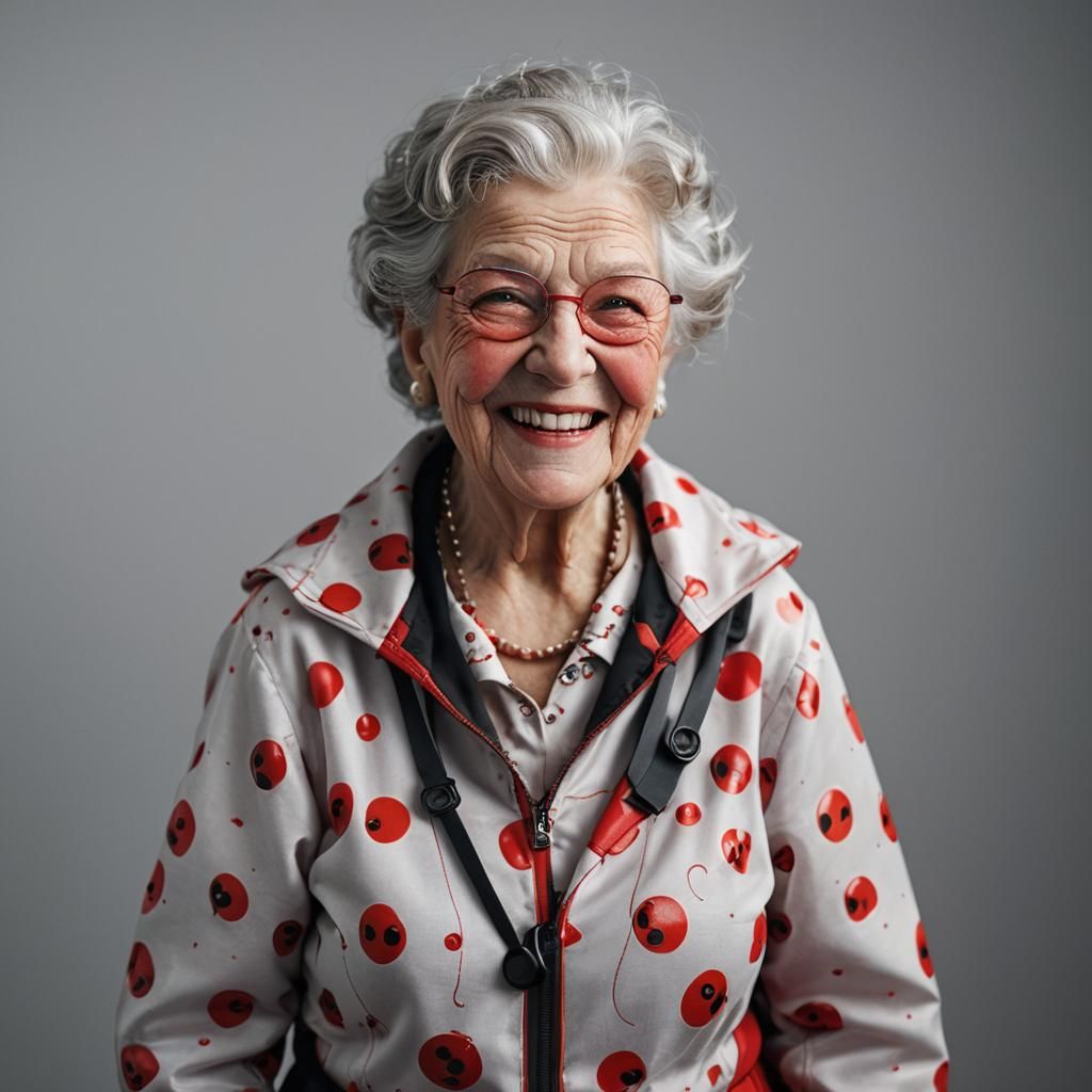 Grinning Granny in Deadpool Suit: Hyperrealistic Photography