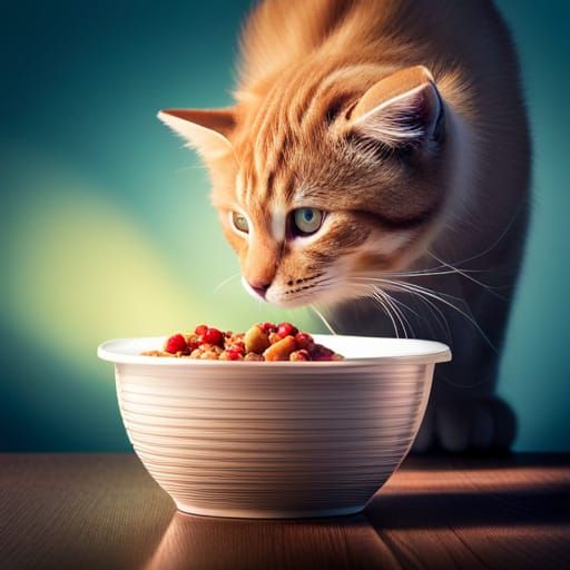Contented Cat Close-Up: Delicious Food in Soft Lighting