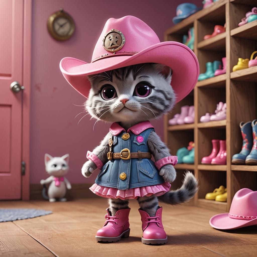 Cowgirl Kitten in Closet: 3D Cartoon Art