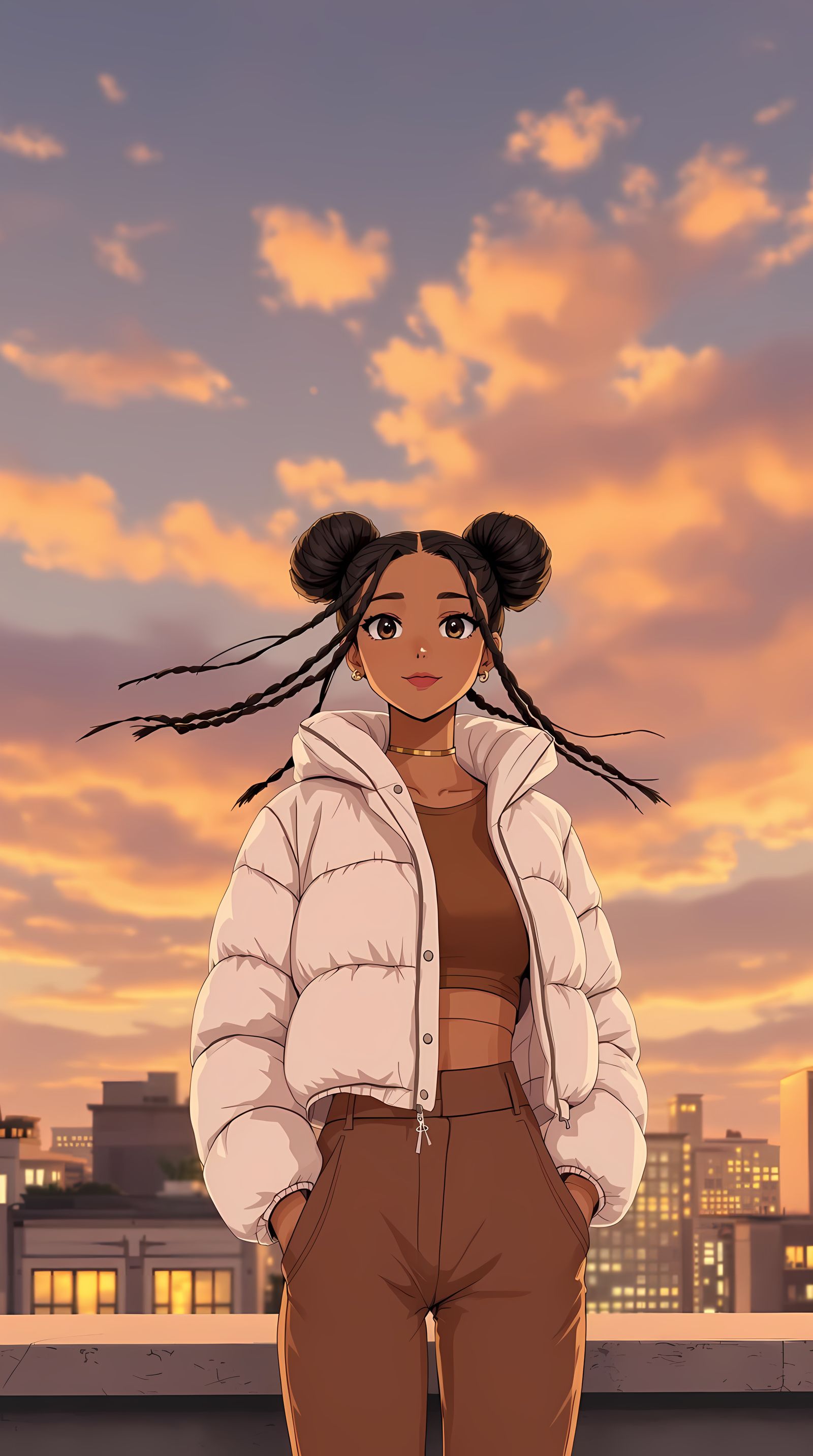 Anime Girl on Rooftop at Sunset