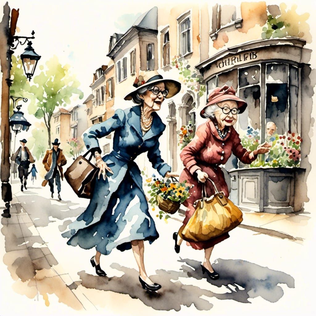 Antique Watercolor: Elderly Woman Chasing Thief