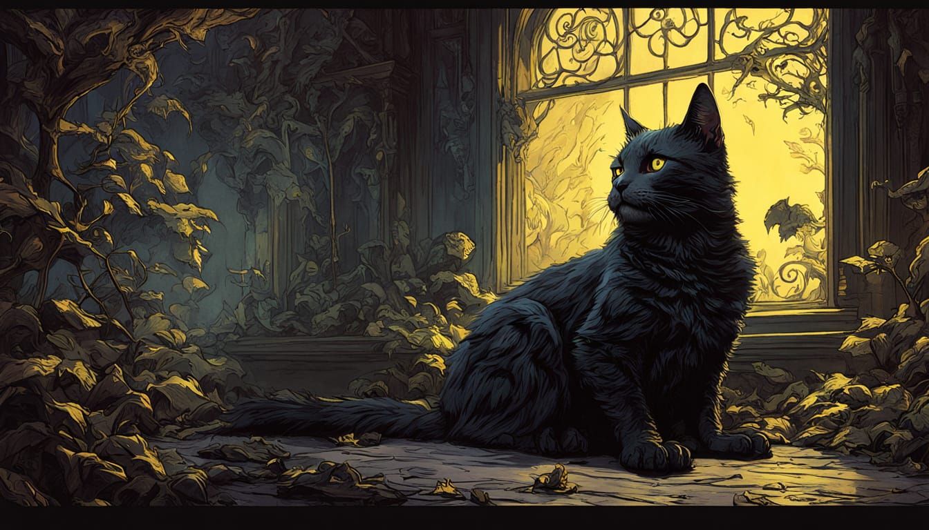 Intricate Black Cat Reading, Dark Fantasy Concept Art