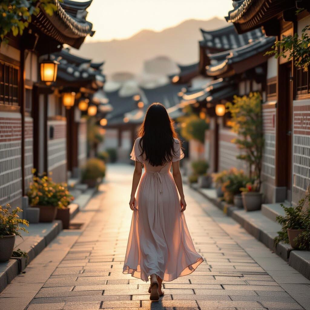 Korean Girl Strolls Peaceful Street with Hanoks and Modern B...