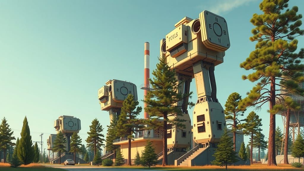 Giant Robots Amidst Industrial Landscape with Towering Trees...