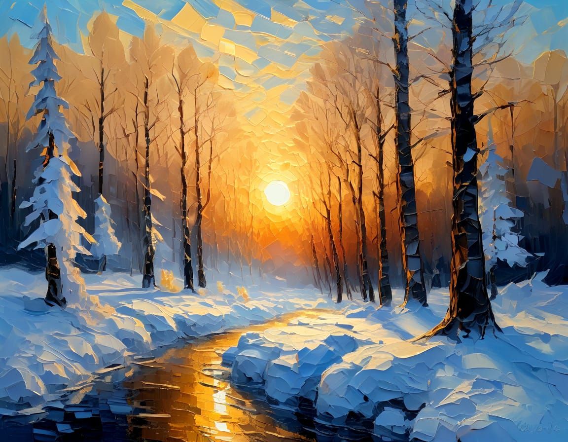 Man Warming Hands by Bonfire in Snowy Forest, Impasto Style