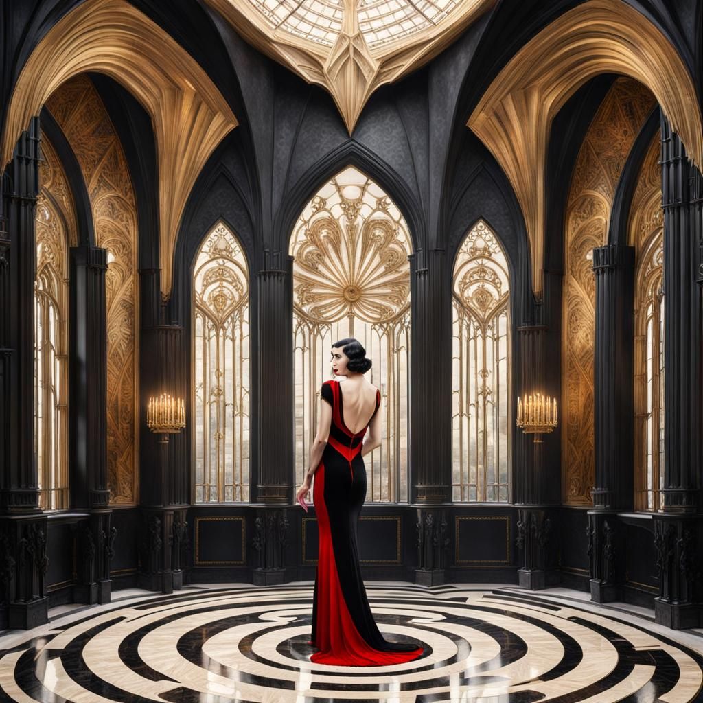 Gothic Woman in Art Deco Building, Photorealistic Portrait