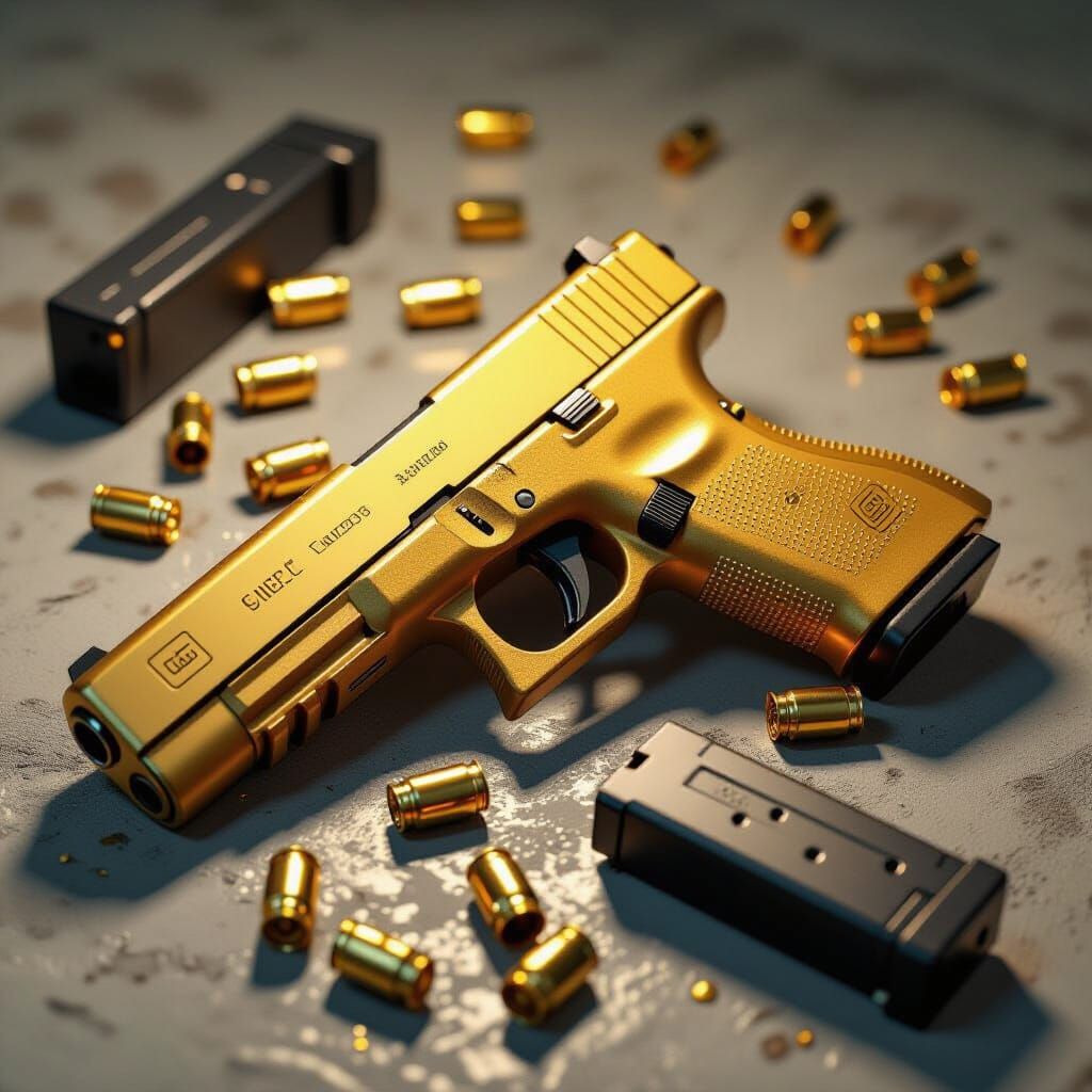Gleaming Gold Glock Pistol with Shells and Magazine