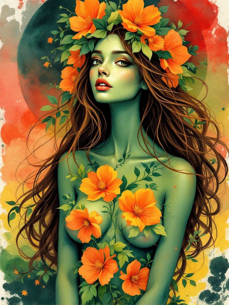 Ethereal Woman in Alphonse Mucha Art Nouveau Style