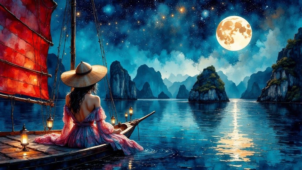 Halong Bay Junk at Night in Dreamlike Style