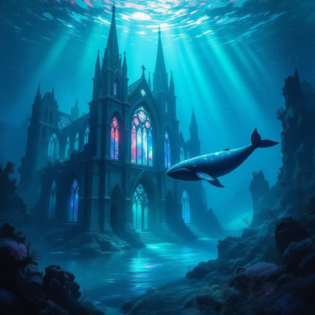 Gothic Cathedral Submerged in Alien Bioluminescent Ocean