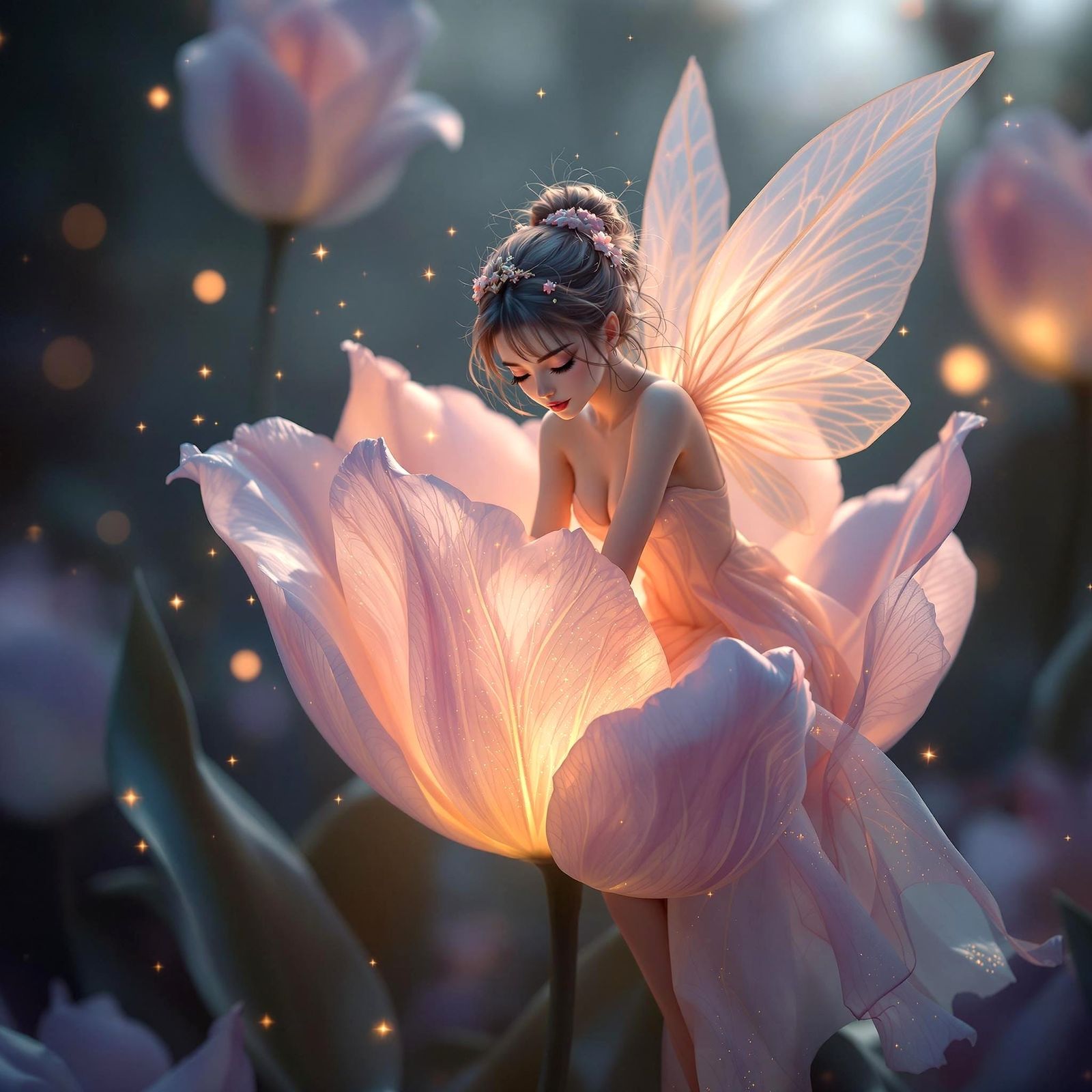 Ethereal Fairy on Magic Tulip in Detailed Matte Painting