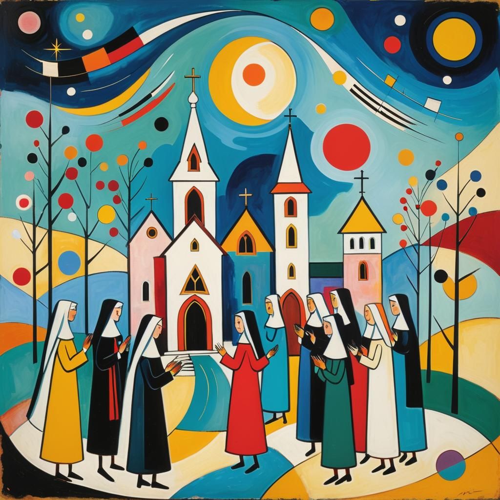 Singing Nuns in Whimsical Abstract Kandinsky Style