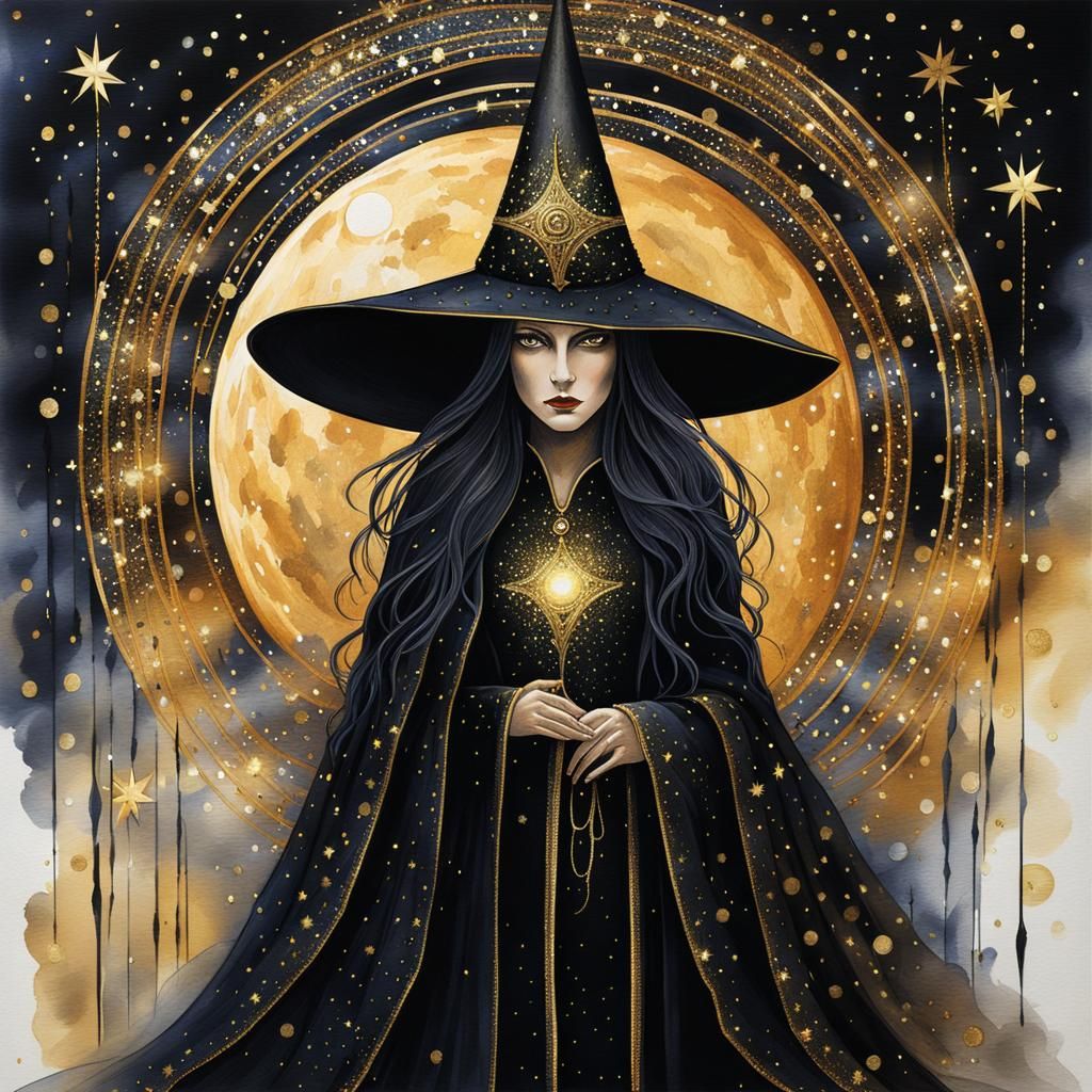 Mysterious Dark Witch in Moonlit Night, Watercolor Art