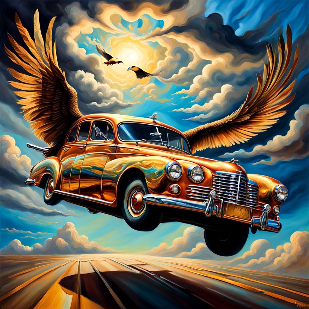 Surreal Car With Eagle Wings in Stormy Sky