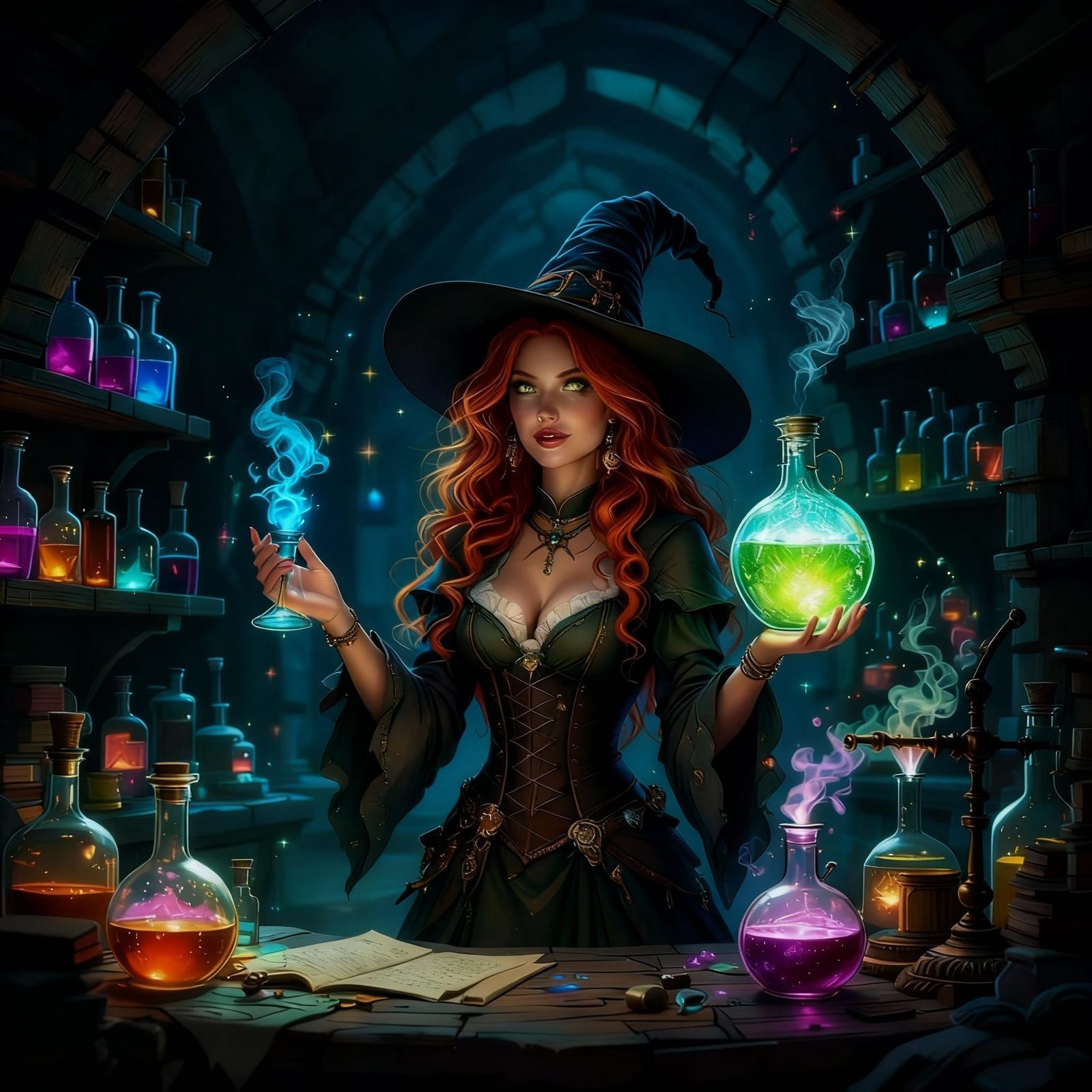 Red-Haired Witch Holds Bioluminescent Potion in Dungeon