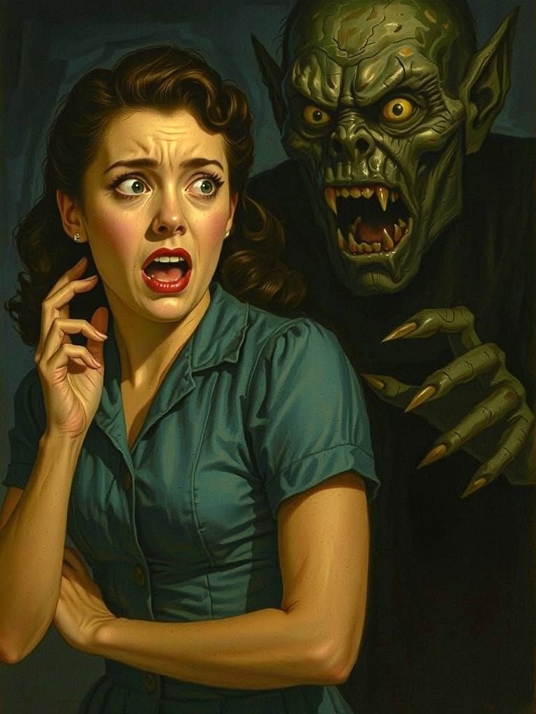 Terrified Woman and Monster in 1950s Horror Style