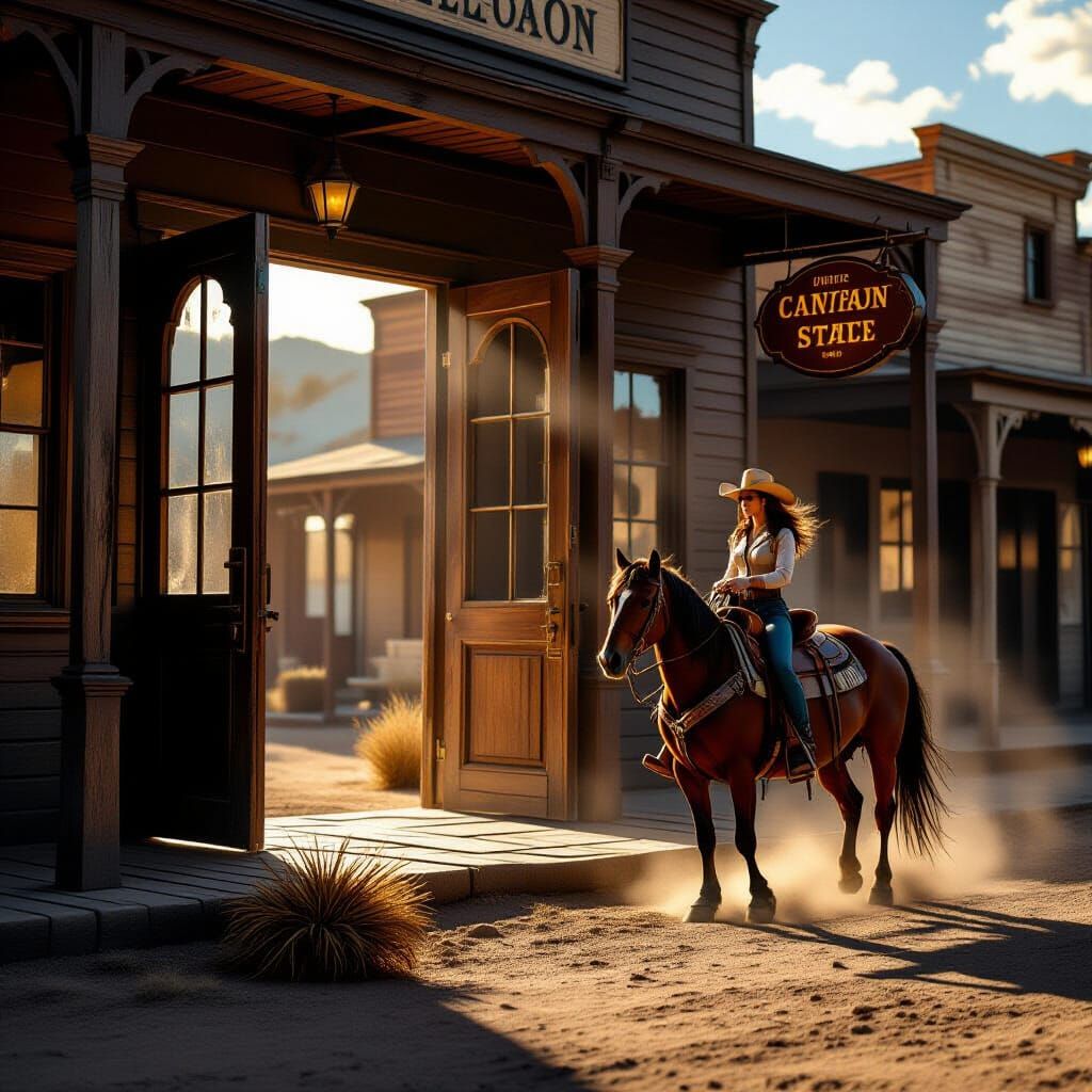 Lone Cowgirl Rides Through Dusty Old West Town