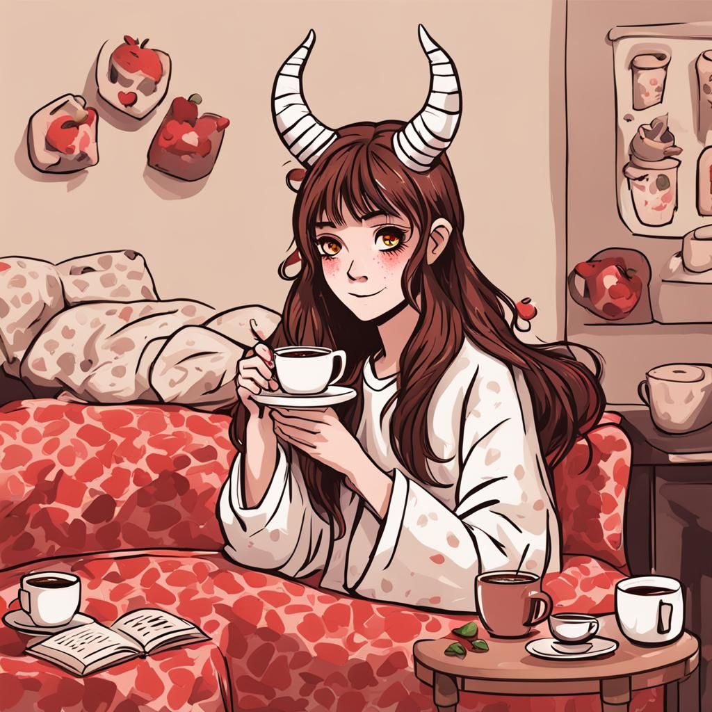 Humorous Devil Woman Drinking Coffee