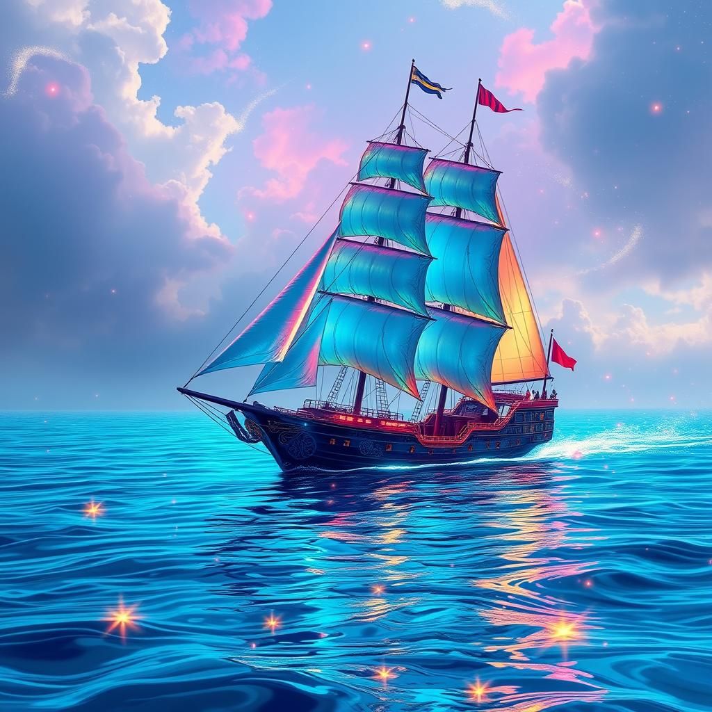 Majestic Sailing Ship on Neon Sea, Airbrush Fantasy Art