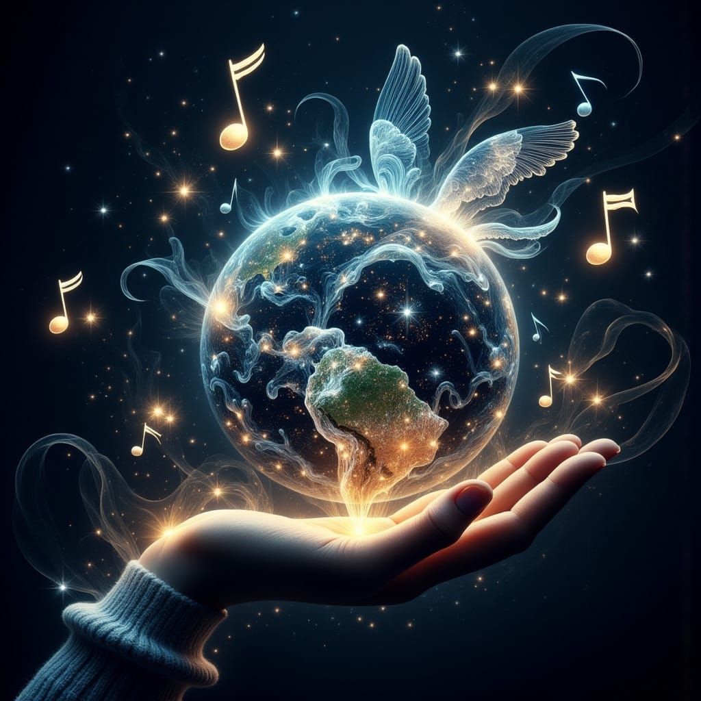 Celestial Hand Holding Earth in Ethereal Harmony