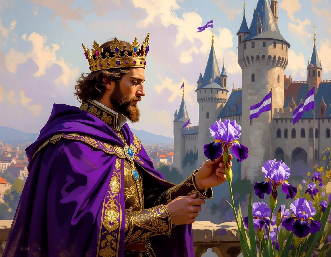 Impressionist King Admires Purple Iris in Gothic Castle Gard...