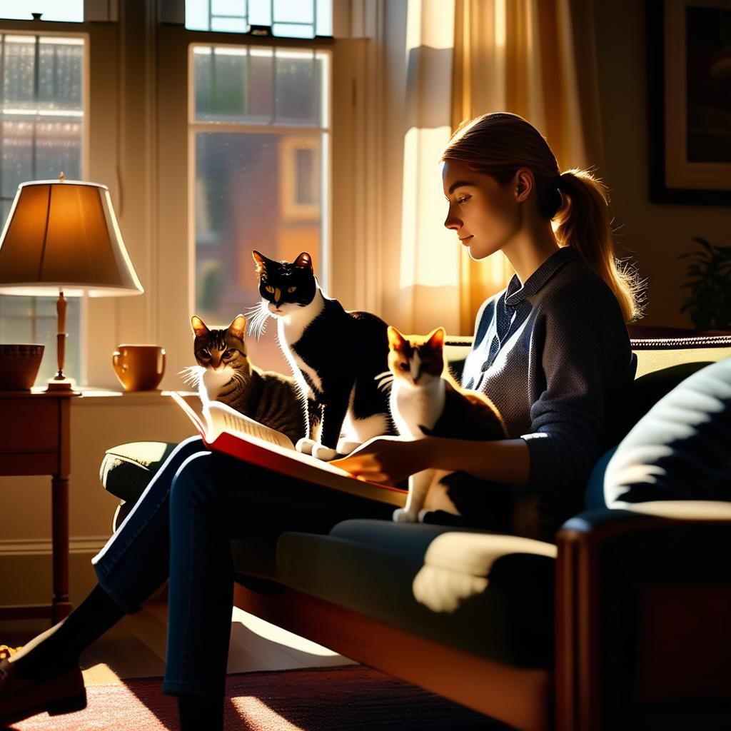 Cozy Living Room Scene with Cats in Realism Style