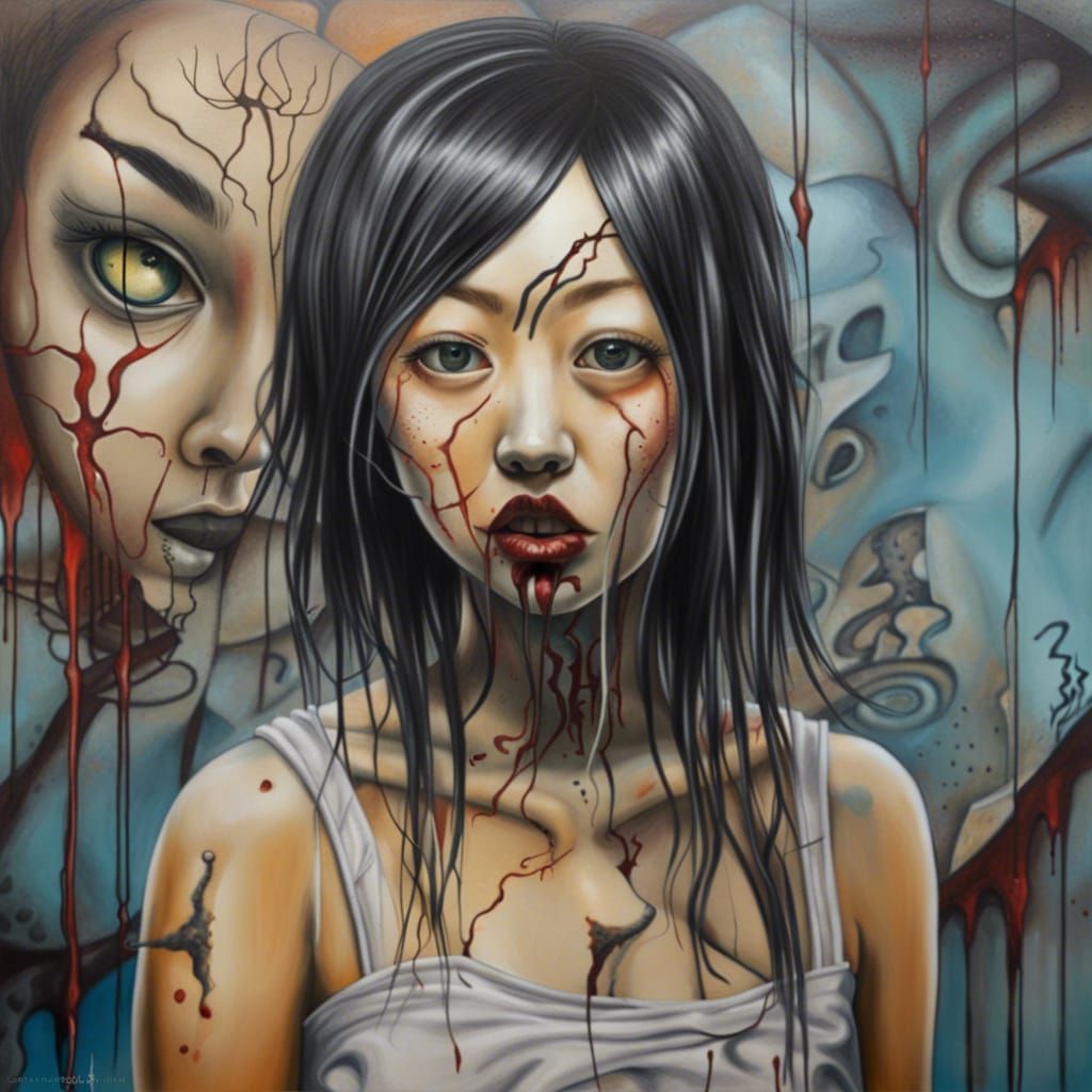 Asian Girl in Junji Ito Style Surreal Horror