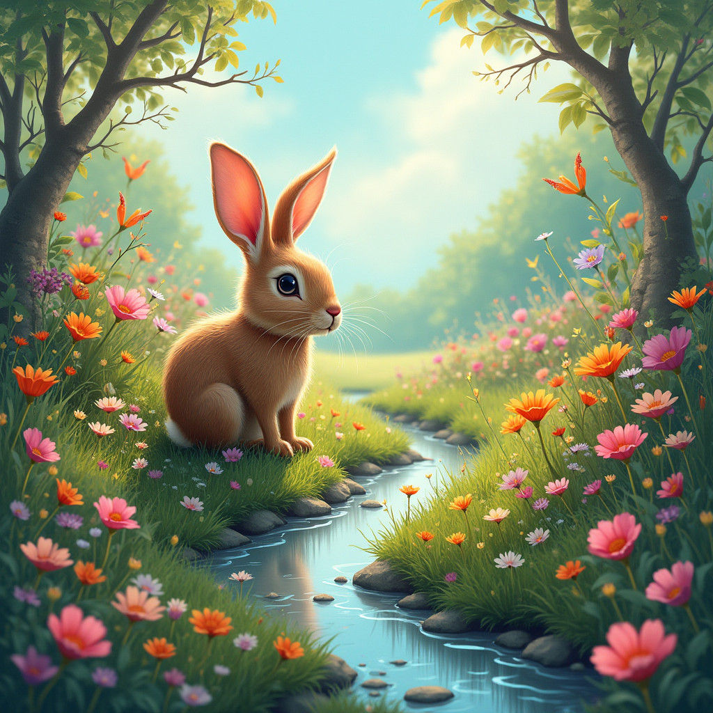 Whimsical Hare in Flower Meadow, Matte Painting