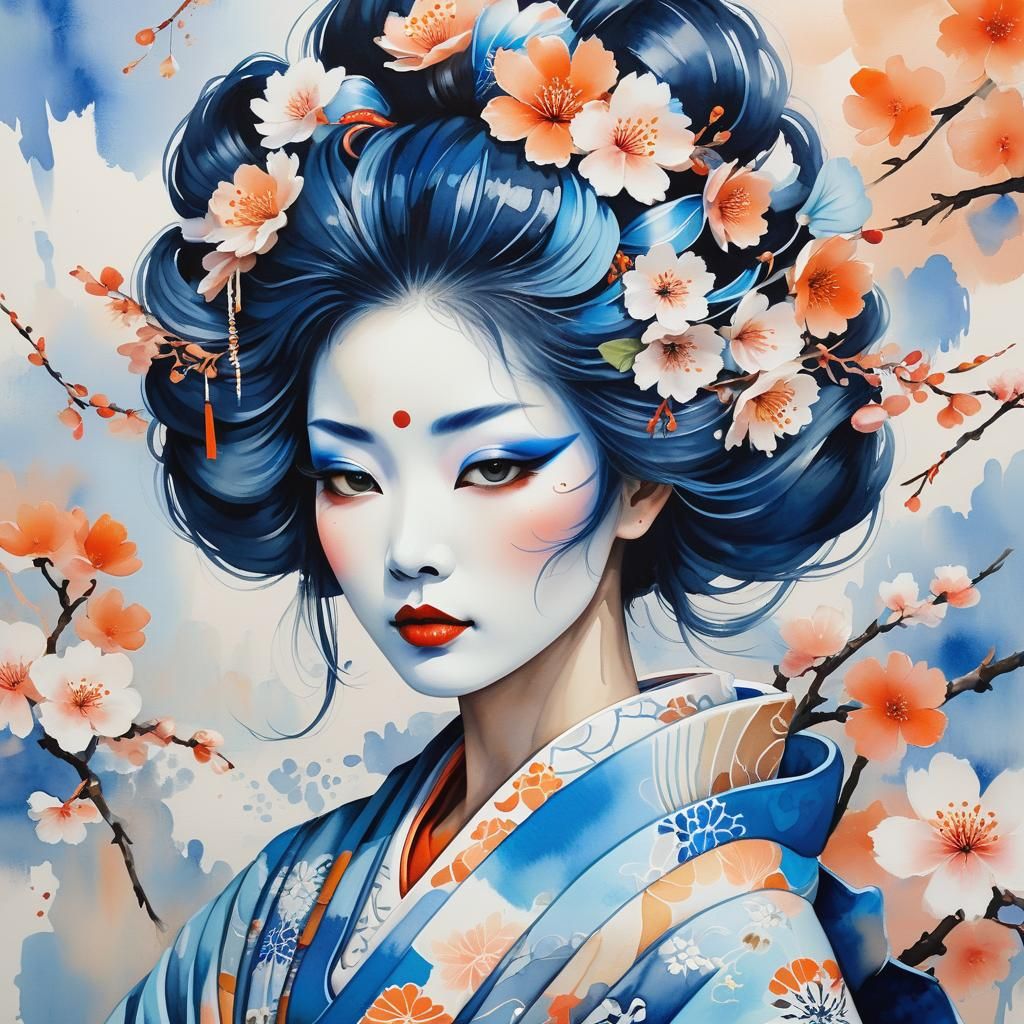 Blue Geisha Portrait in Abstract Expressionism