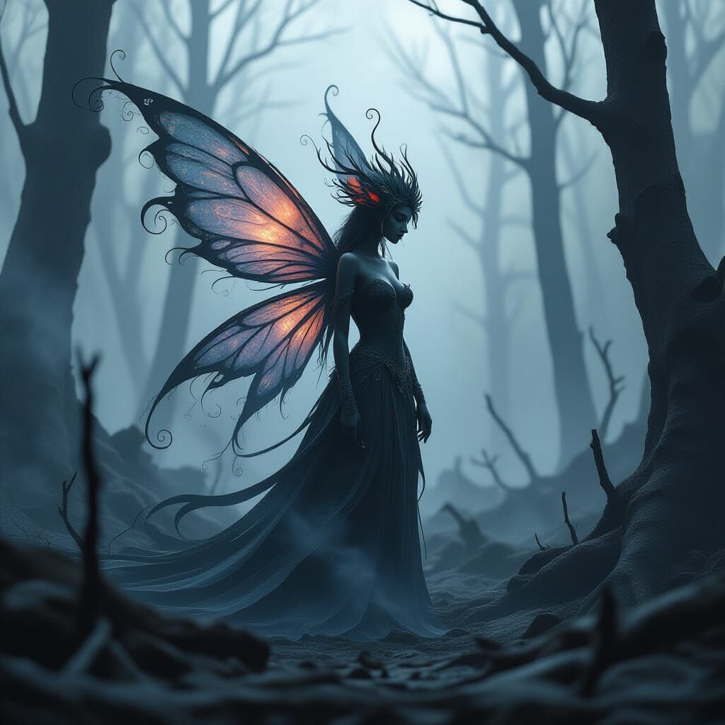 Mystical Ash Fairy in Charred Forest: Dark Art