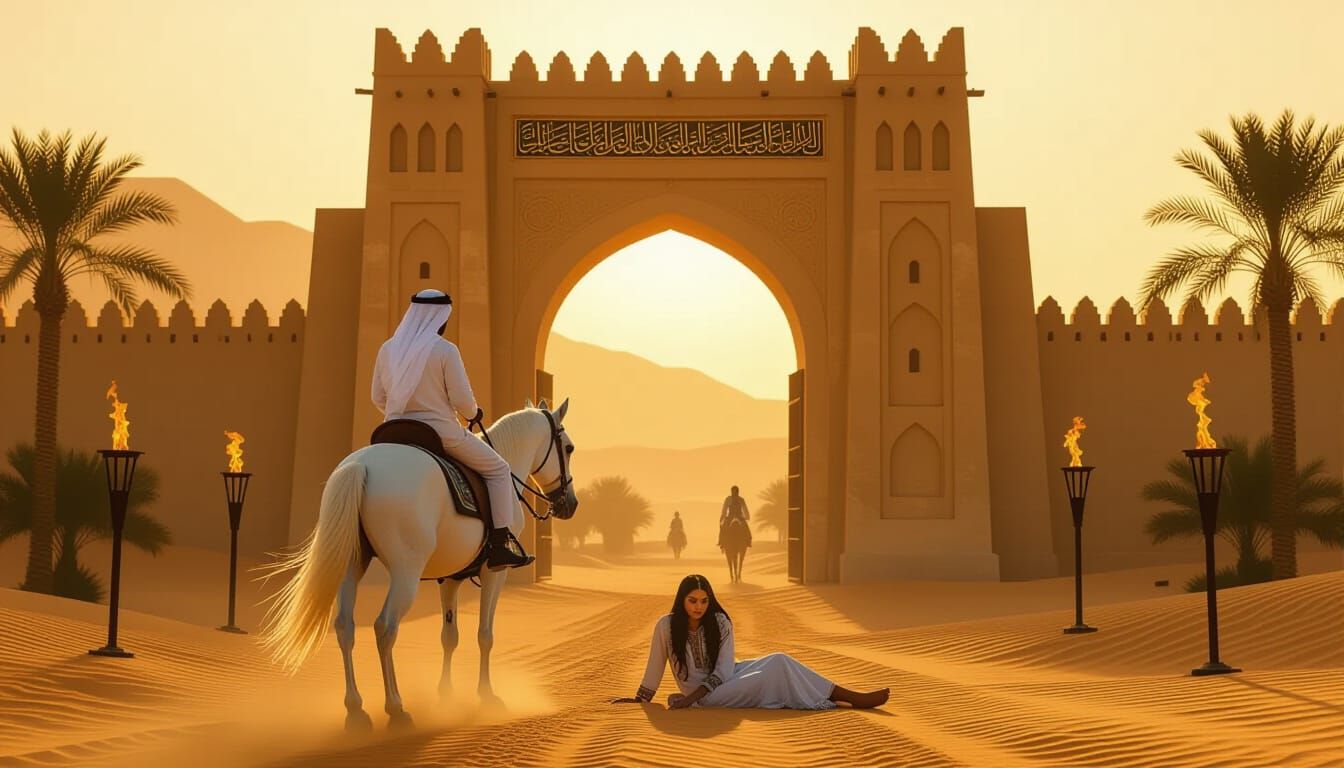 Arabian Horse Ride Through Desert Oasis at Sunset